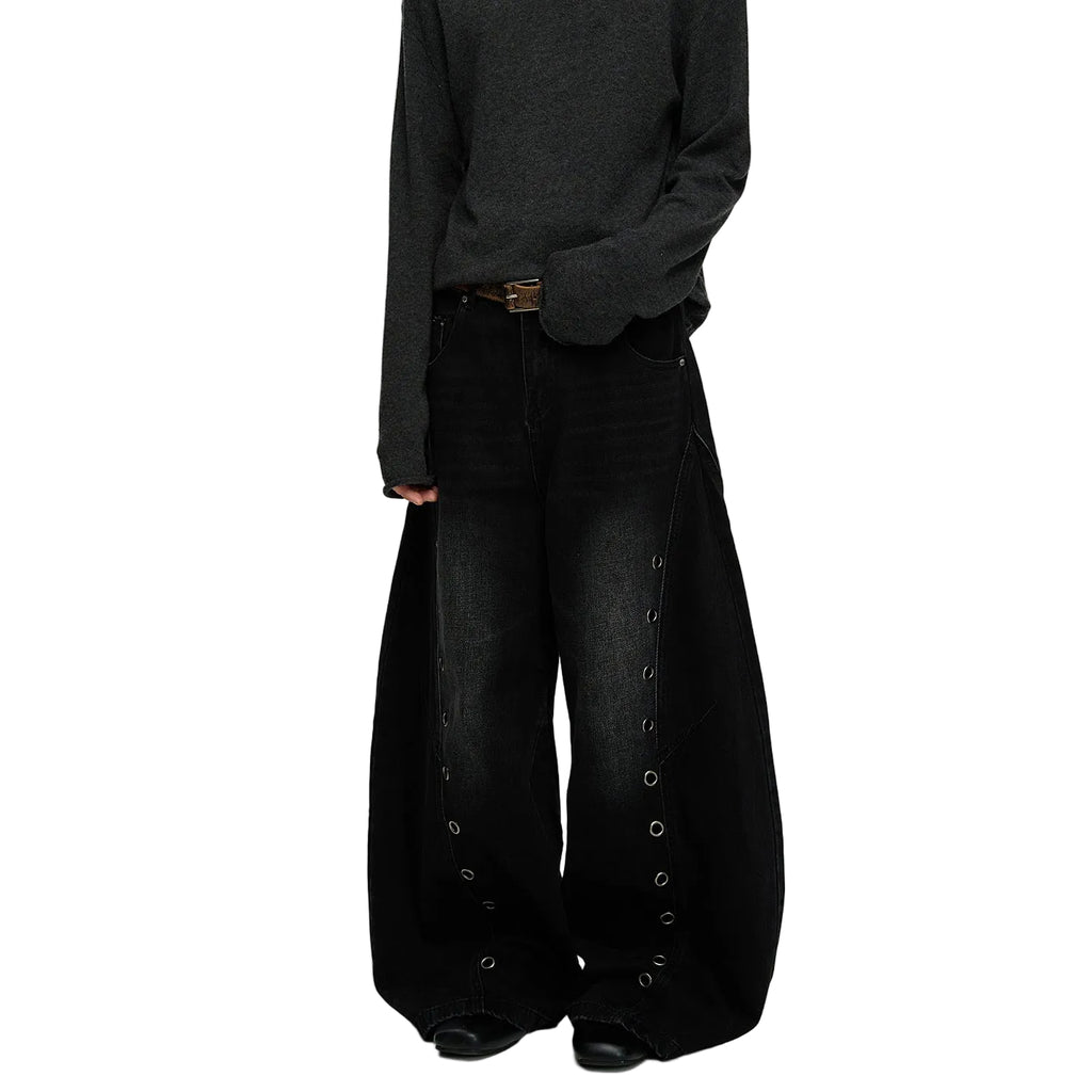 Retro Knife-Edge Washed Distressed Denim Pants Men Cleanfit Silhouette Loose Straight Leg Wide Leg Long Trousers Trendy