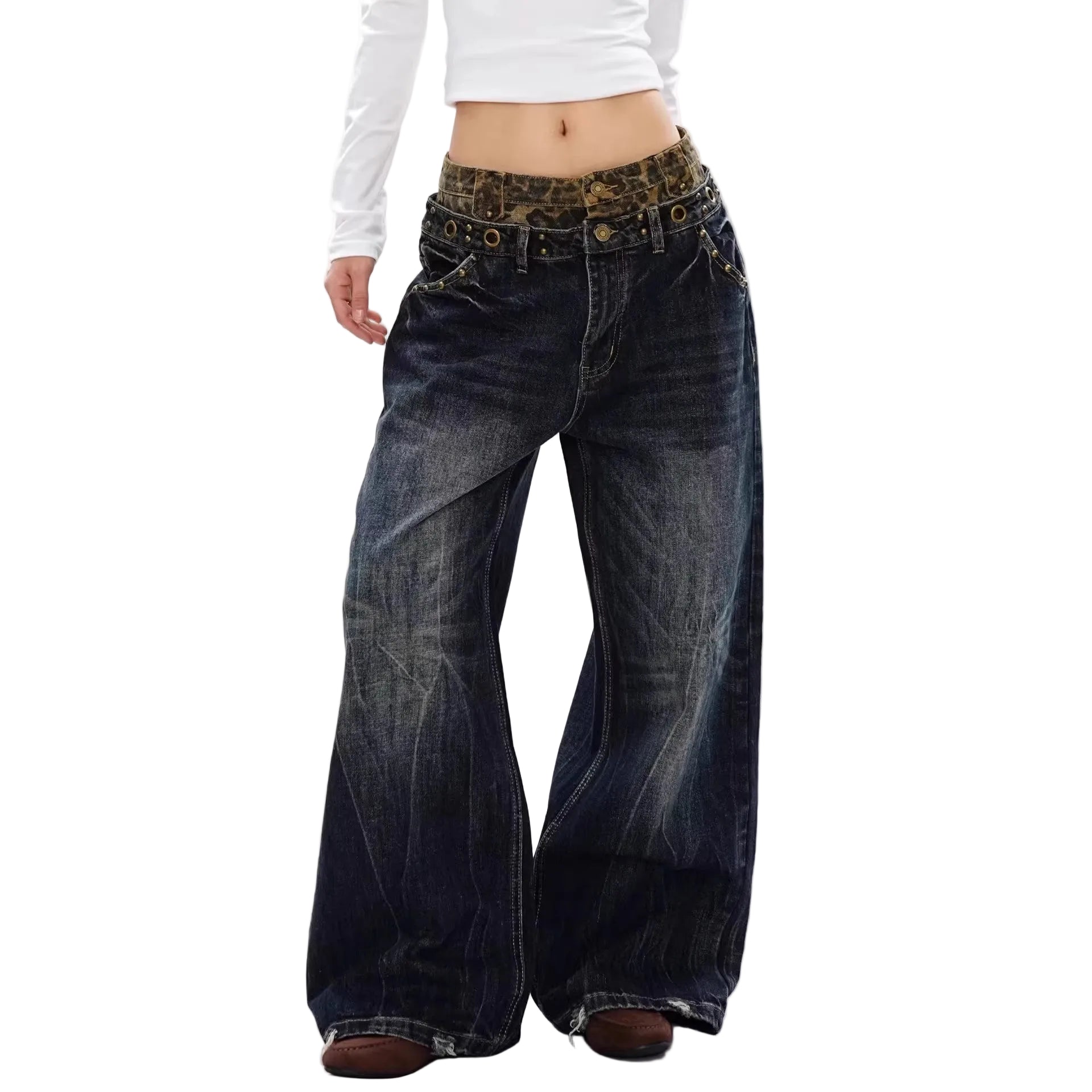 Design Leopard Waistband Jeans