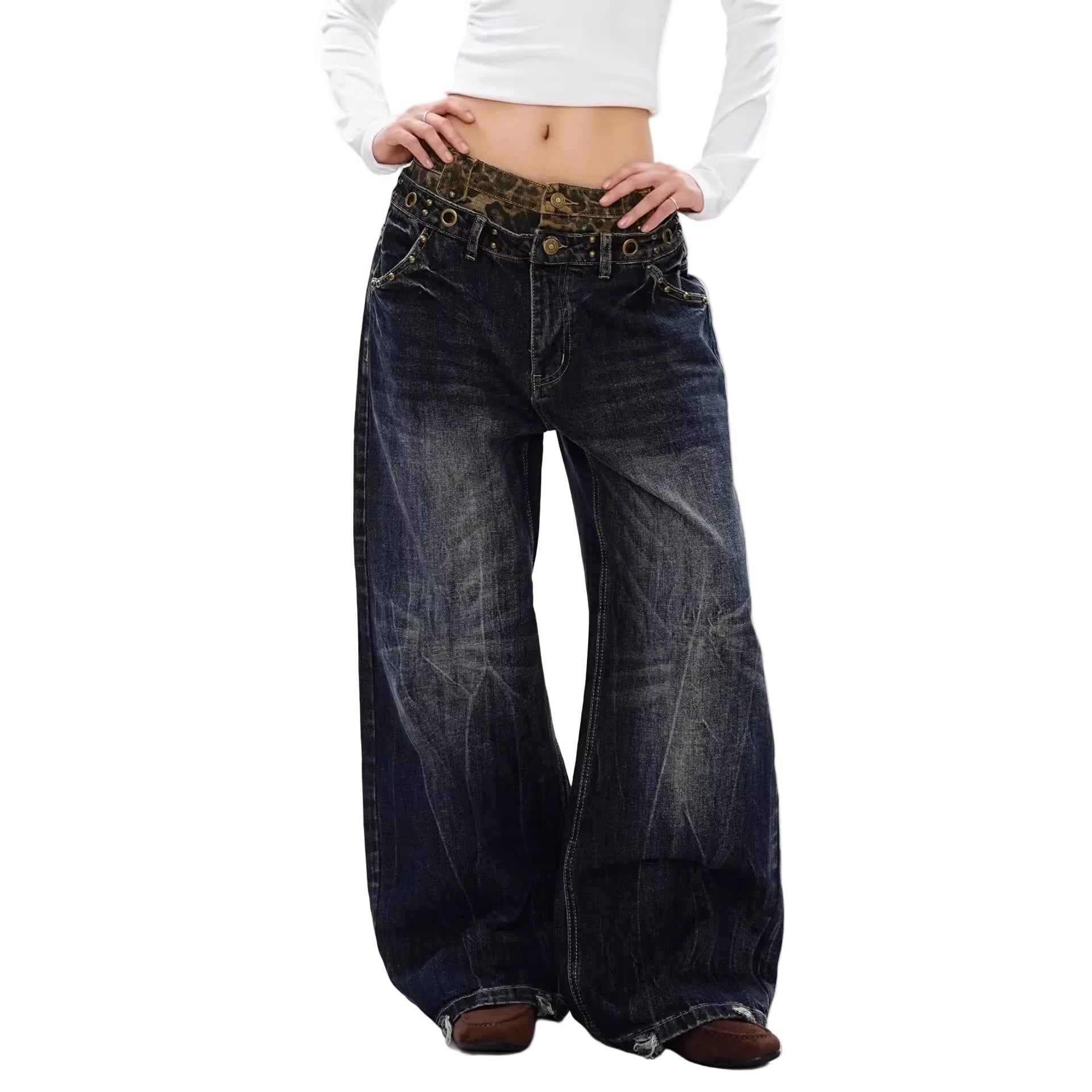 Design Leopard Waistband Jeans